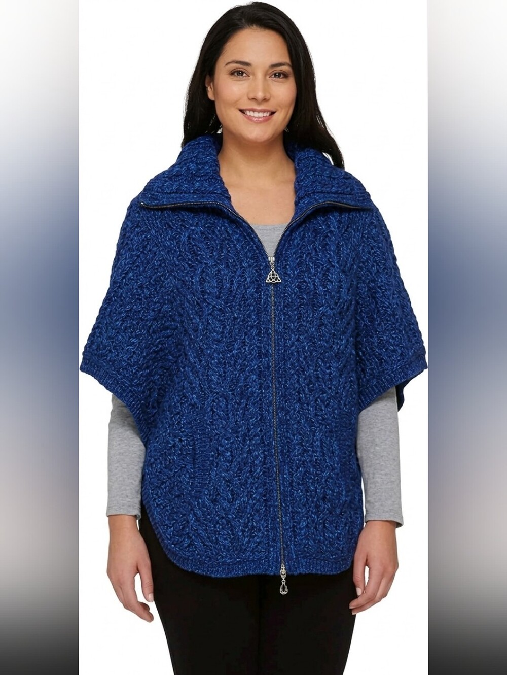 Aran Crafts 100% Merino Wool Cable Knit Zip Poncho Vest Blue, Size M